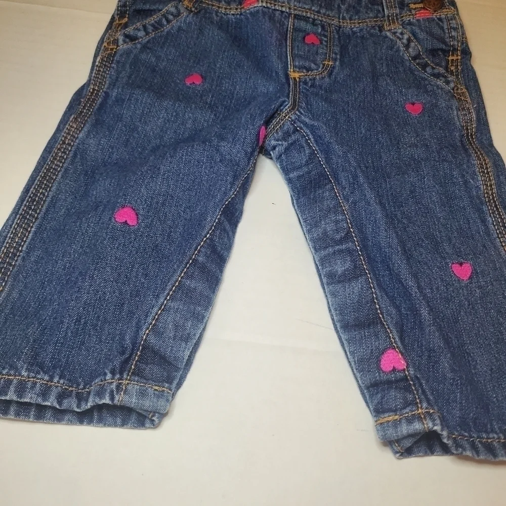 OshKosh B'Gosh Denim Overalls Embroidered Hearts Blue Pink Size 6 M
